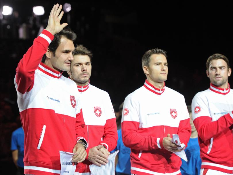 La presentazione della squadra svizzera: Roger Federer, Stanislas Wawrinka, Marco Chiudinelli e Michael Lammer (Afp)